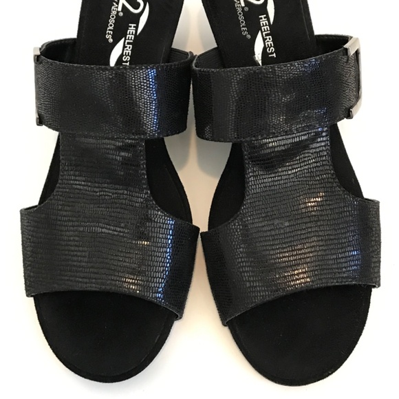 AEROSOLES Wedge Sandals Slip On Black Heel Rest Women’s Size 8.5 - Picture 2 of 16